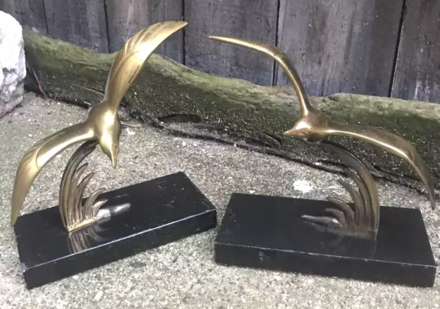 Vintage French ART DECO GILT BRONZE BOOKENDS sculpture seagull bird marble