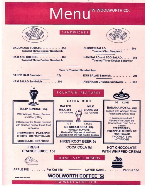 F W WOOLWORTH C Lunch Counter Menu 1960 10 00 PicClick