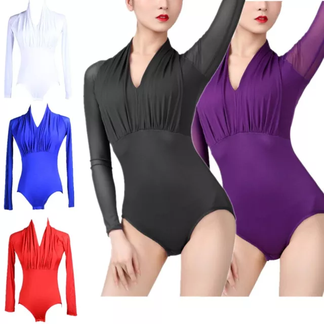 Women's Solid Color V Neck Ruched Bodysuit Long Sleeve Ballroom Dance Leotard