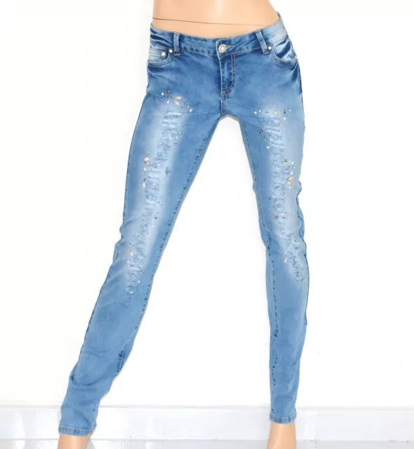 Jeans pantalone donna ragazza blu strappato XS skinny vita basse cristalli UNX82