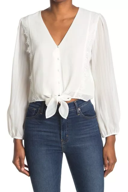 WAYF Women's Lace Trim Knotted Long Sleeve Blouse White XSmall MSRP $59