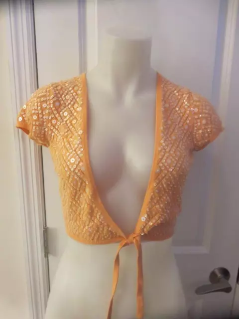 Womens Barneys Co-Op Orange Sequin Crop Cardigan Top Sz S