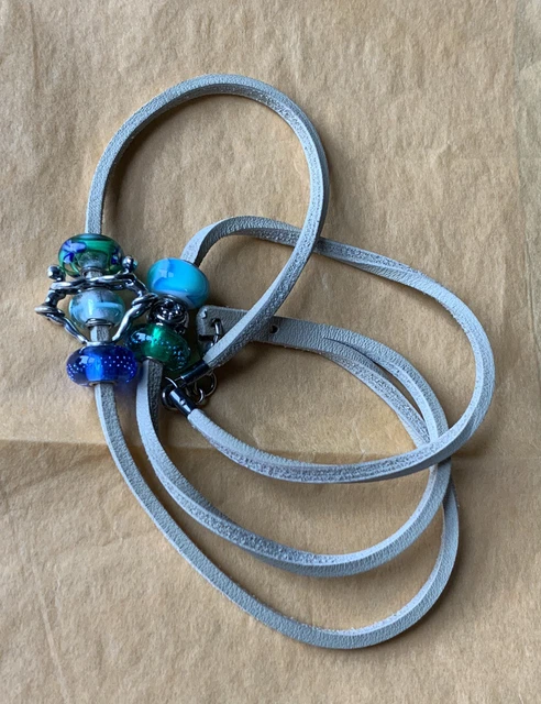 Trollbeads Tan Double Leather Bracelet 16” Art Deco Blue Flower Basic Lock LAA