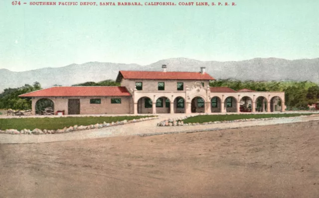 Vintage Postcard 1910's Southern Pacific Depot Santa Barbara Calif. Coast Line