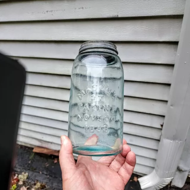 MASON’S 27 PATENT NOV. 30TH 1858 Aqua quart w/ Boyd zinc lid scarce numbered jar