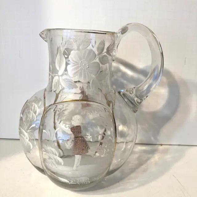 Unusual Mary Gregory Melon Shaped Clear Glass Pitcher with White Enamel Flowers