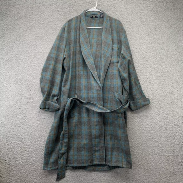 Vintage 1960’s Brent Beacon Fabric Robe Wool Blend Plaid Blue Tan L House Coat