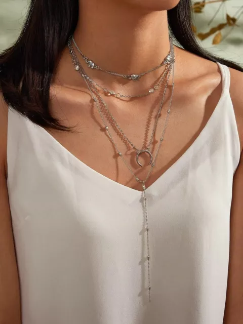 Tribal Ethnic Multi-layer Silver Chain Horns Pendant Necklace Boho Chic Jewelry
