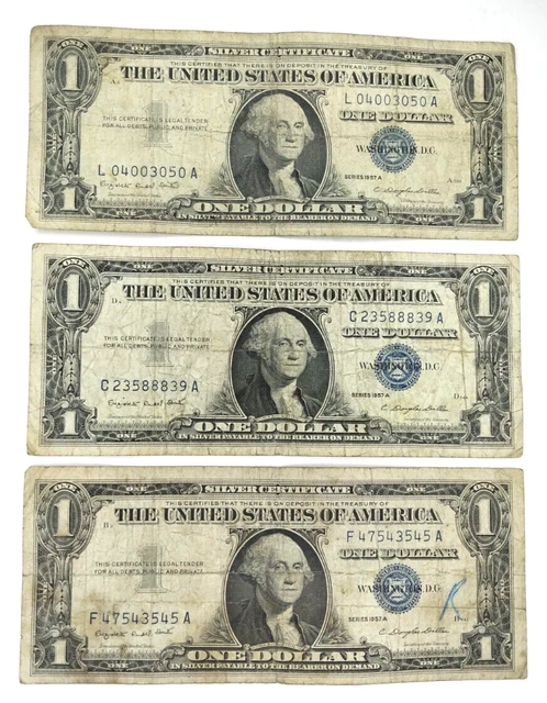 Lot of Three One Dollar Silver Certificate with Blue Seal Series 1957A in Sleeve