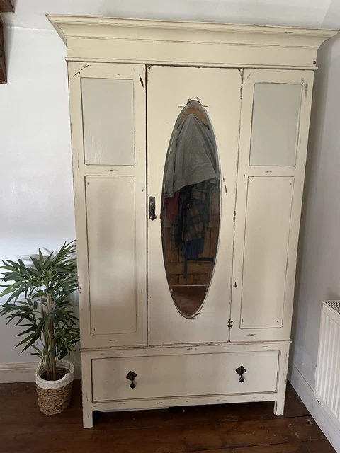 Vintage Antique Cream Wood Wardrobe Mirror Solid Wood Brass Fixtures Chic