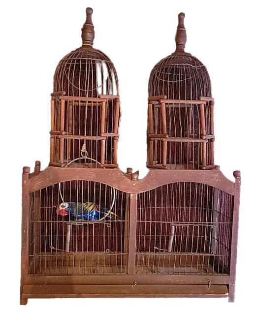 Vintage Victorian Double Domed Bird Cage Wooden & Wire Antique Style