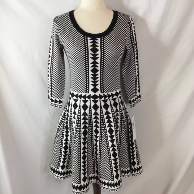 Nina Leonard Dress Size Medium Fit Flare Sweater Lightweight Geo Black White NWT