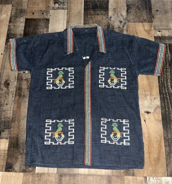 Guatemalan Traditional Festive Embroidered Bird Chore Shirt Size Small