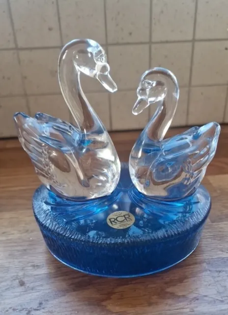 Rare Rcr(Royal Crystal Roc) Blue Base Swans Paperweight Figurine Ornament