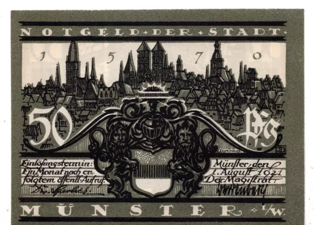 1921 Germany Munster Notgeld 50 Pfennig Note (Z368)
