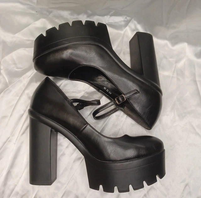 CHUNKY PATENT MARY Jane Heels Shoes Size UK 6 Platform Black PU Strap