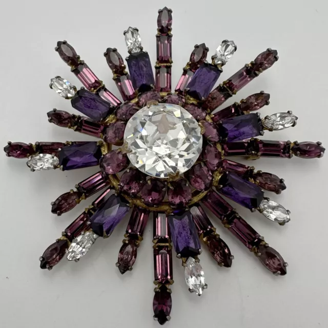 Rare Vintage Schreiner Purple Crystal Rhinestone Sunburst Brooch