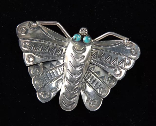 Authentic Navajo Silver Butterfly Pin with Turquoise Eyes 2 1/2"
