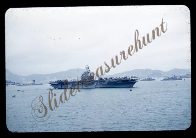 Navy Aircraft Carrier Ship Harbor 1950s 35mm Slide Red Border Kodachrome