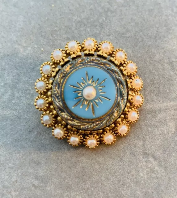 Turquoise and Pearl Gold Plated Vintage Style Brooch, Vintage Jewellery