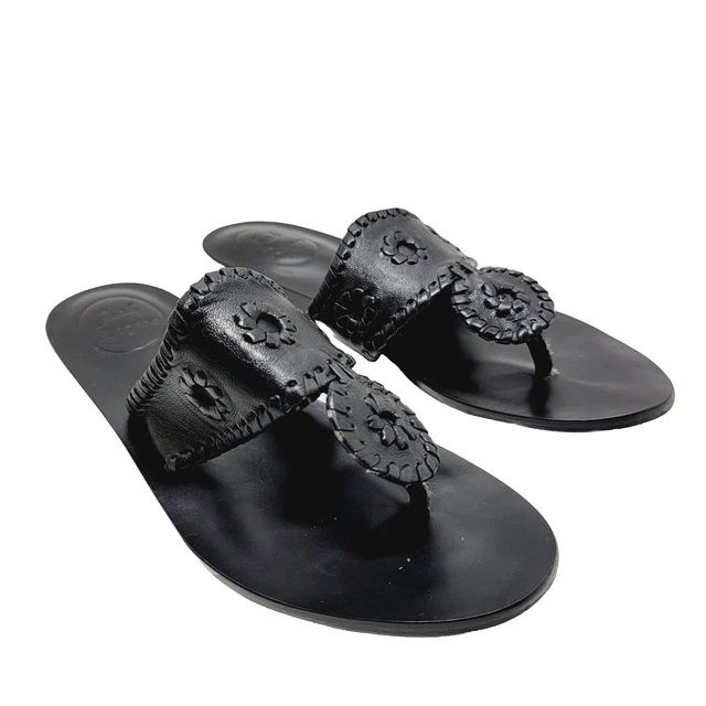 Jack Rogers Logo Marbella Women Sz 6.5M Black Leather Flower SlipOn Thong Sandal