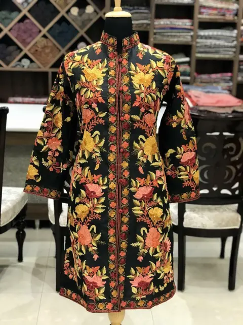 Black Long Coat with Multi-Colour Kashmiri Floral Embroidery