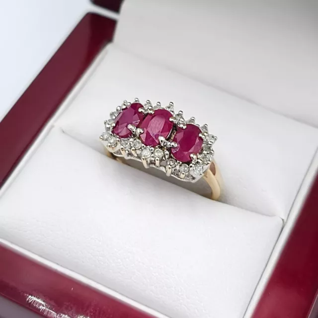 9ct Yellow Gold Natural AAA Ruby Trilogy & Diamond Cluster Ring - Size L 1/2