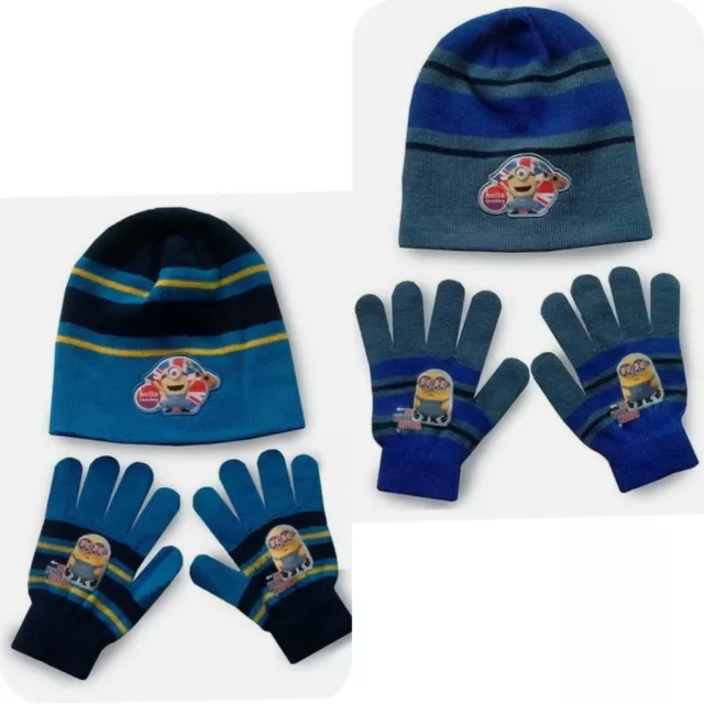 Official Boys  and girls Minions Hat & Gloves Set Knitted Beanie Winter Warm