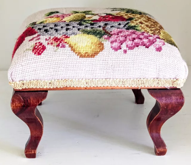 Vintage Carved Walnut Serpentine Legs Small Needlepoint Fruit Footstool Ottoman 2