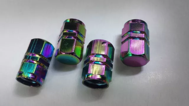 Neo Chrome Rainbow Tyre Valve Hexagonal Dust Caps Car Bike Motorcycle BMX x 4