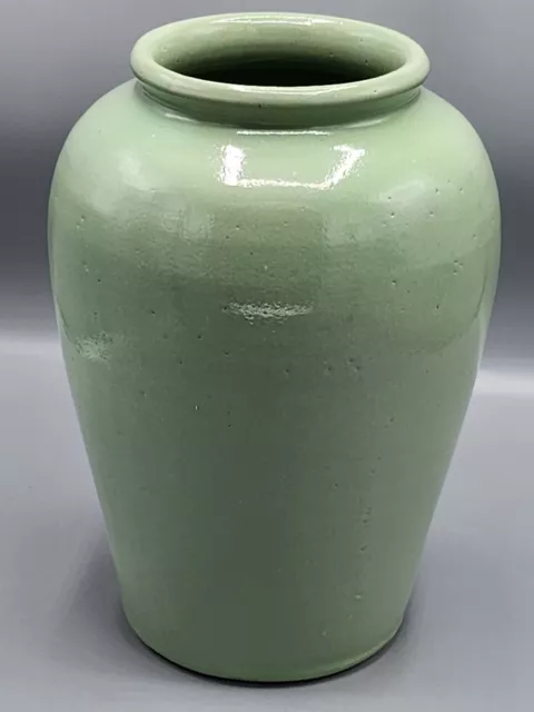 Arts Crafts Zanesville Pottery Green Glaze  13"  Oil Jar Vase