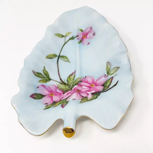 Lefton China Leaf Trinket Dish Handpainted Pink Dogwood Gold Vintage 1989 Japan