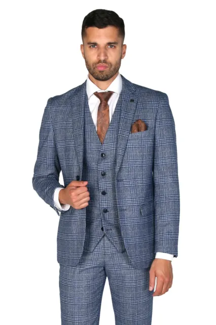 Mens Check Retro Suit Blue Grey Tailored Fit Business Wedding Formal 3 Piece Set