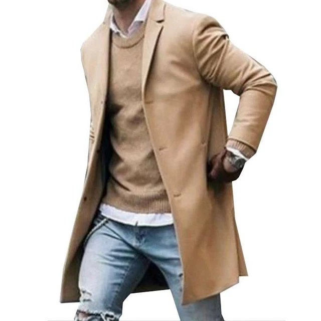 Men's Winter Warm Trench Coat Outwear Overcoat Casual Long Sleeve Button Jacket 11