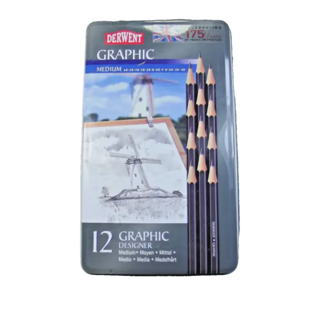 Derwent Graphic Designer MEDIUM Pencils - Set of 12 pack Tin.  New and Sealed