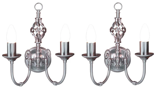 PAIR of 2 Arm Wall Light Lamp Traditional Classic Barley Twist Satin Chrome