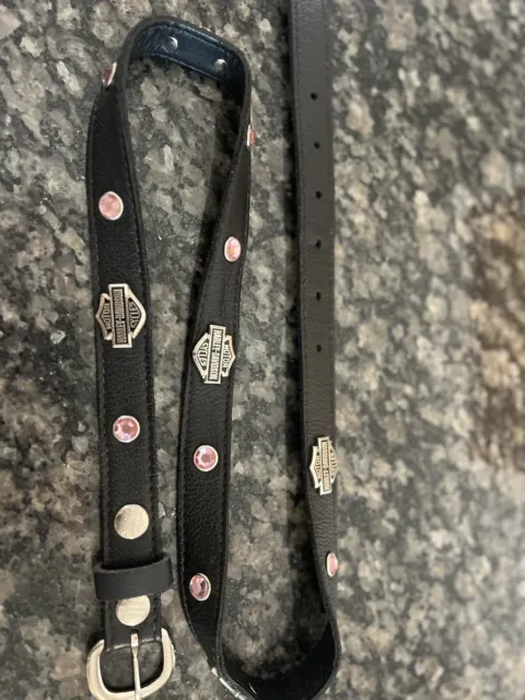 Harley Davidson Women's Leather Belt 34” Black Pink Rhinestones Snap Unique