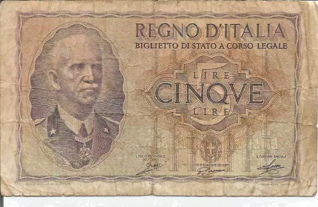 1940 Italy Regno D'italia Cinqve 5 Lire Cir  Banknote  # 3