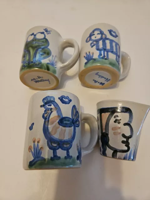 M A Hadley Vintage Pottery Mugs Cups Rooster, Sheep, Frog, Jigger measuring Cup