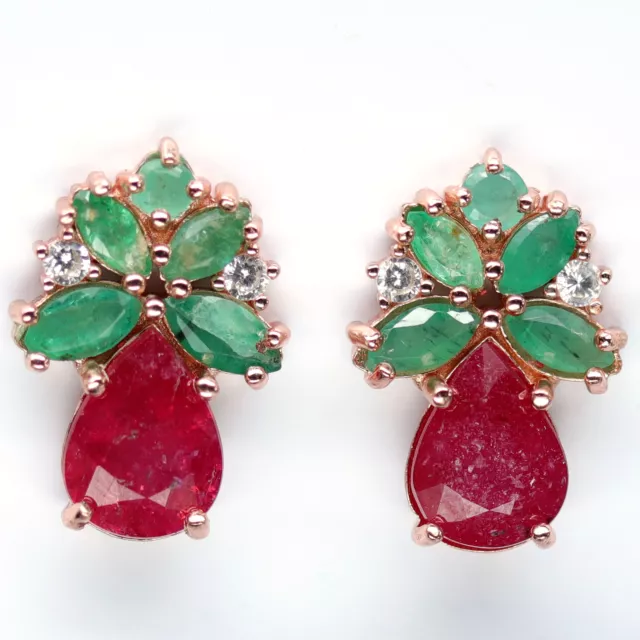 6 X 8 Mm. Birne Rot Rubin , Grün Smaragd & Weiß Topas Ohrringe 925 Silber