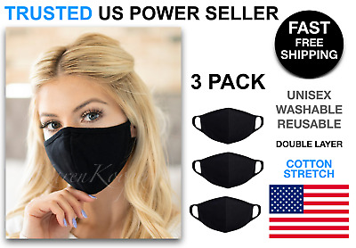3 Pack Black Face Mask Cotton Double Layer Cover Washable Reusable Unisex USA