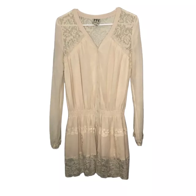 Haute Hippie Silk Lace Mini Dress Cream Cinch Waist Lace Long Sleeves V Neck XS