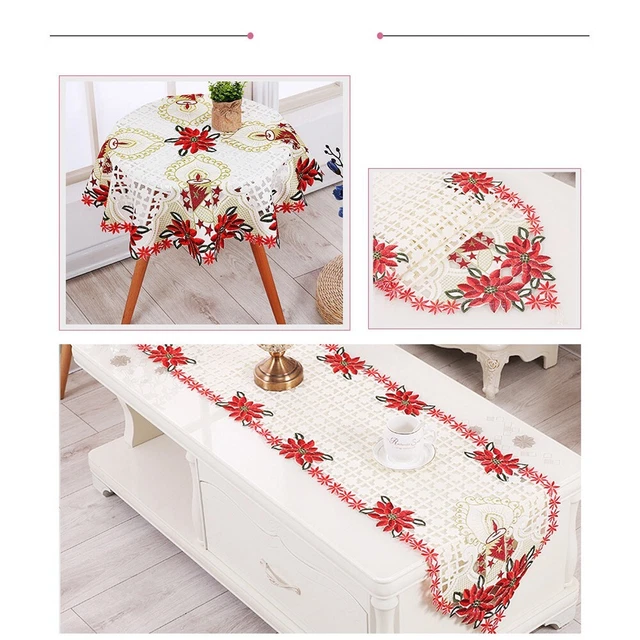 Vintage rote Spitze Tischläufer bestickt mit blumigen Akzenten für Weihnachten