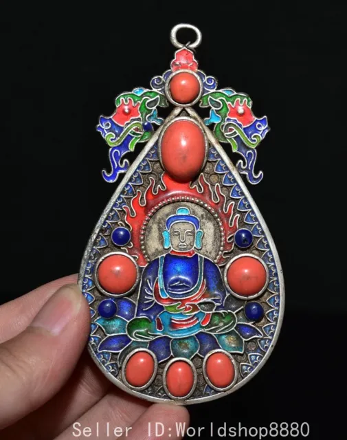 3.8" Ancient China Silver Inlay Red Blue Gems Sakyamuni Tathagata Buddha Pendant