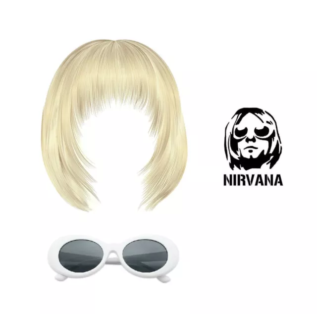 Kurt Cobain Perücke und Weiß Brille Nirvana Kostüm Teenager Spirit Grunge Kostüm