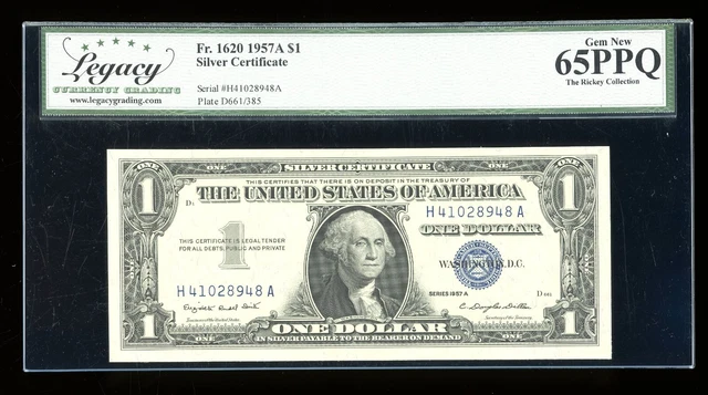 DBR $1 1957-A Silver Gem Fr. 1620 HA Block Legacy 65 PPQ Serial H41028948A