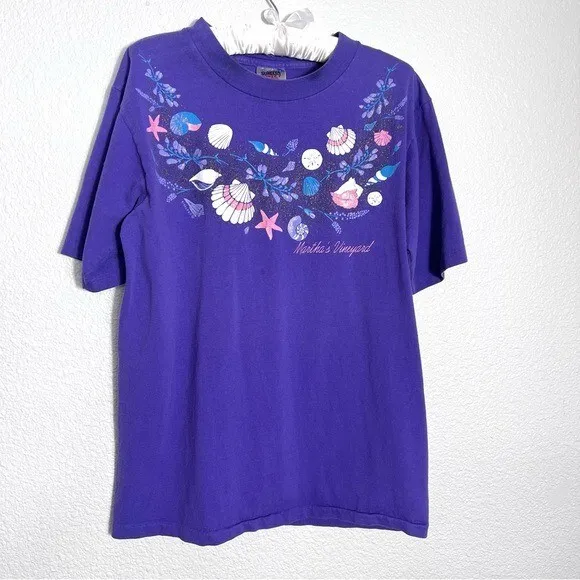 Vintage Birdlegs Martha’s Vineyard T-shirt Purple with Glitter Seashells Size L