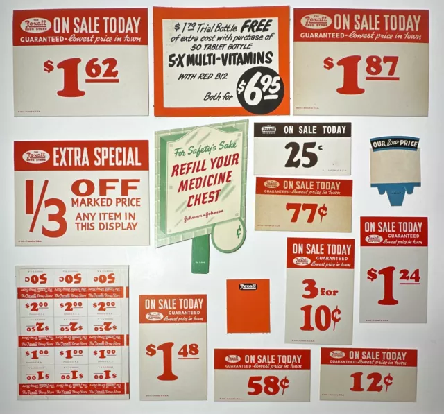 Vintage REXALL DRUG STORE Sale Signs Shelf Tag Refill Your Medicine Chest   15pc