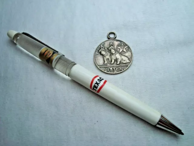 TEXACO Oil Co. vintage floaty pen Denmark & "LISTEN" Scottie Dogs medal fob