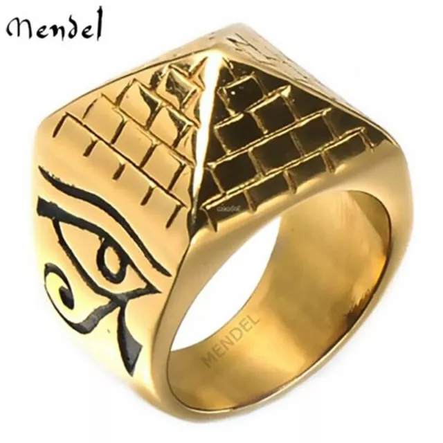 MENDEL Mens Gold Plated Egyptian Pharaoh Eye of Horus Ra Pyramid Ring Size 7-15